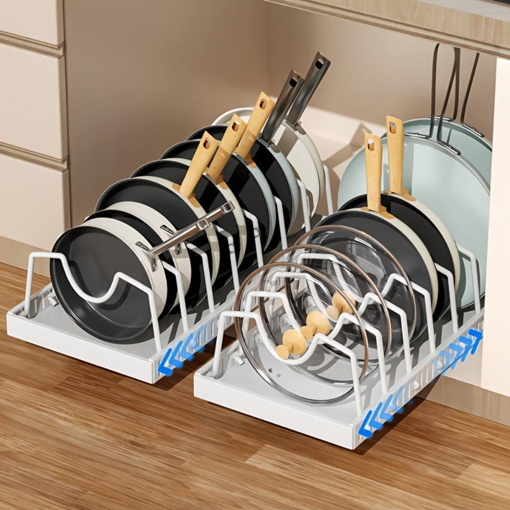 Pull-Out Pot and Pan Organizer with Sliding Cabinet Base, Eight Adjustable Dividers and One- or Two-Pack Options