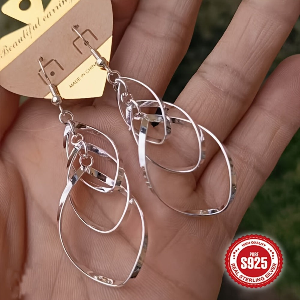 Dangle Earrings for Women - 925 Sterling Silver Teardrop Boho Twisted Wave Double Layer Drop Silver - product detail view 6