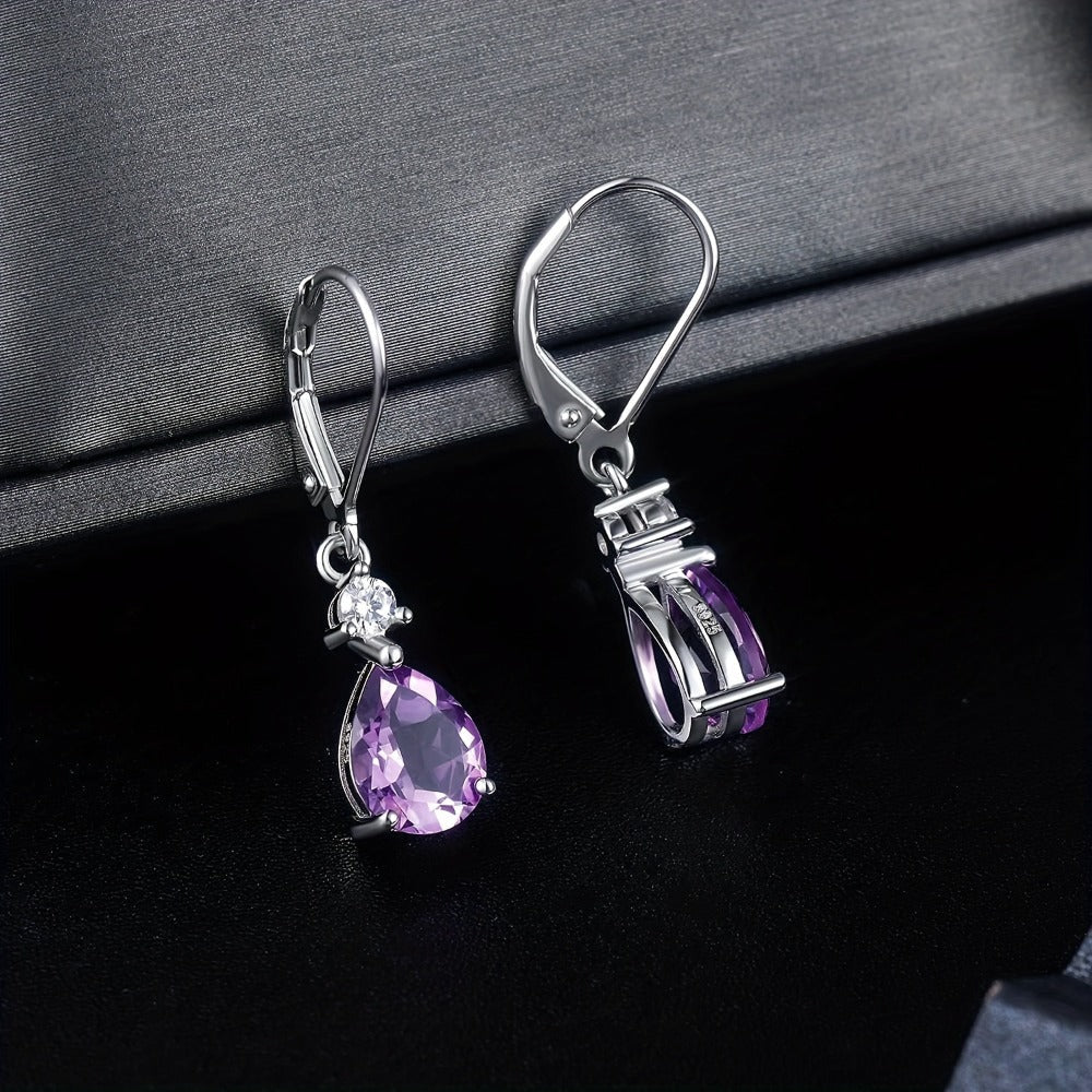 Dangle Earrings for Women - Amethyst 925 Sterling Silver Teardrop Leverback Drop Genuine Gemstone - product detail view 2