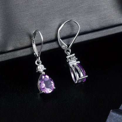 Dangle Earrings for Women - Amethyst 925 Sterling Silver Teardrop Leverback Drop Genuine Gemstone - product detail view 2