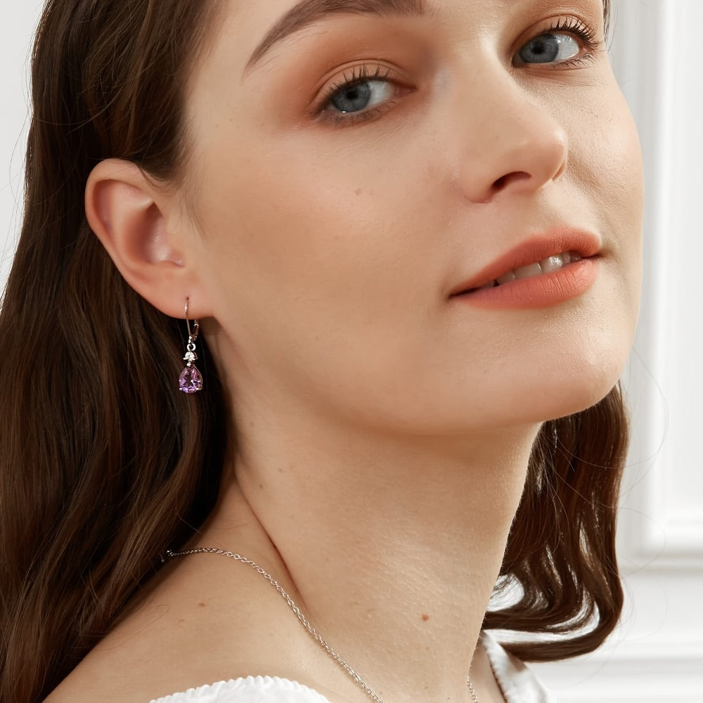Dangle Earrings for Women - Amethyst 925 Sterling Silver Teardrop Leverback Drop Genuine Gemstone - product detail view 3