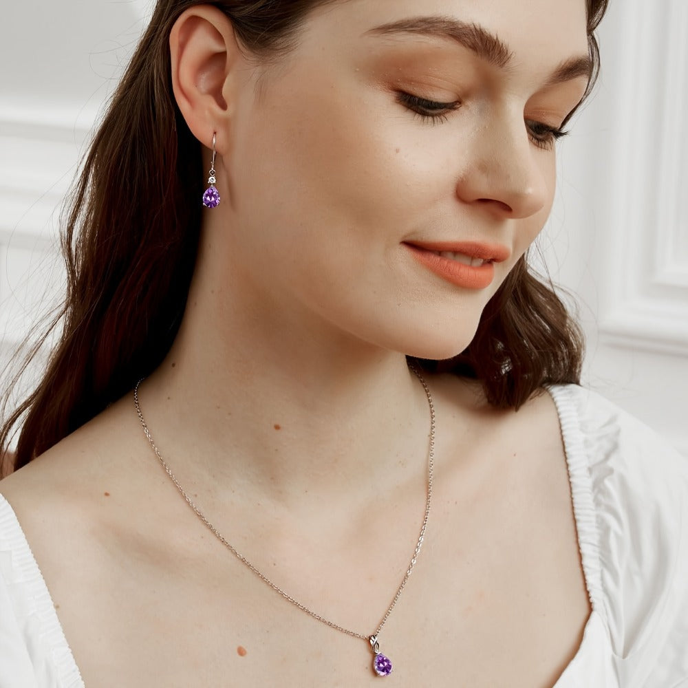 Dangle Earrings for Women - Amethyst 925 Sterling Silver Teardrop Leverback Drop Genuine Gemstone - product detail view 5