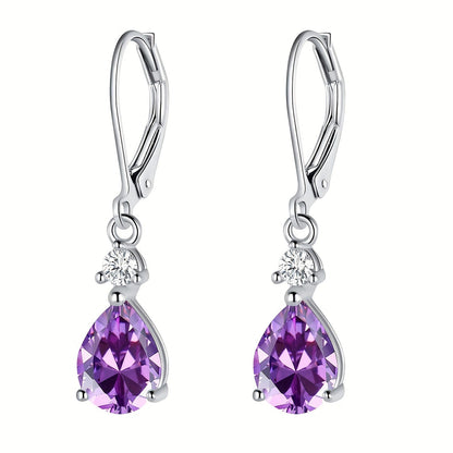 Dangle Earrings for Women - Amethyst 925 Sterling Silver Teardrop Leverback Drop Genuine Gemstone - product detail view 6