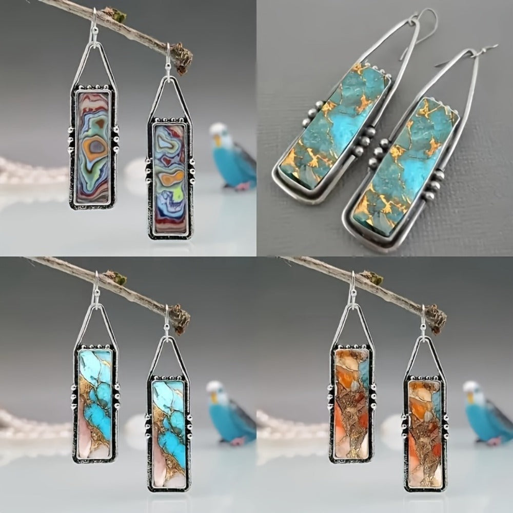 Dangle Earrings for Women - Boho Turquoise Set for - 4 Pairs Vintage Bohemian Rectangular Drop with - main product view