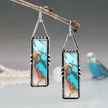 Dangle Earrings for Women - Boho Turquoise Set for - 4 Pairs Vintage Bohemian Rectangular Drop with - product detail view 2