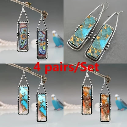 Dangle Earrings for Women - Boho Turquoise Set for - 4 Pairs Vintage Bohemian Rectangular Drop with - product detail view 5