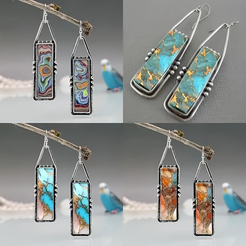 Dangle Earrings for Women - Boho Turquoise Set for - 4 Pairs Vintage Bohemian Rectangular Drop with - product detail view 10