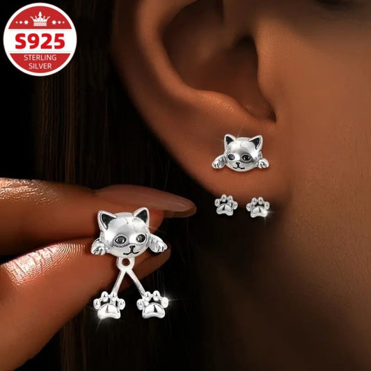 Dangle Earrings for Women - Cat Paw S925 Sterling Silver Hypoallergenic Cute Creative Design Cat Lover - product detail view