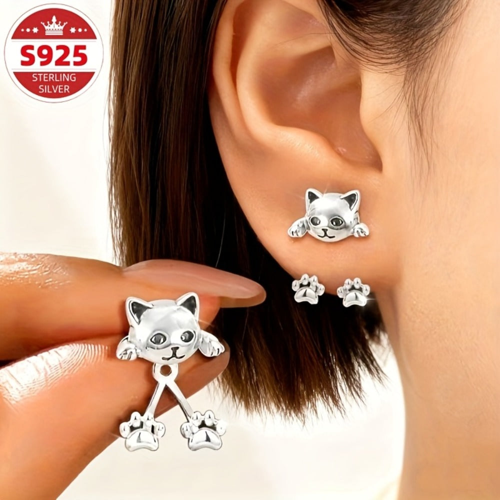 Dangle Earrings for Women - Cat Paw S925 Sterling Silver Hypoallergenic Cute Creative Design Cat Lover - product detail view