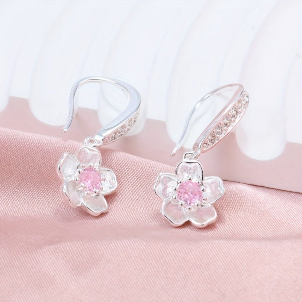 Dangle Earrings for Women - Cherry Blossom Flower for - 925 Sterling Silver Pink Zirconia Peach - product detail view 3