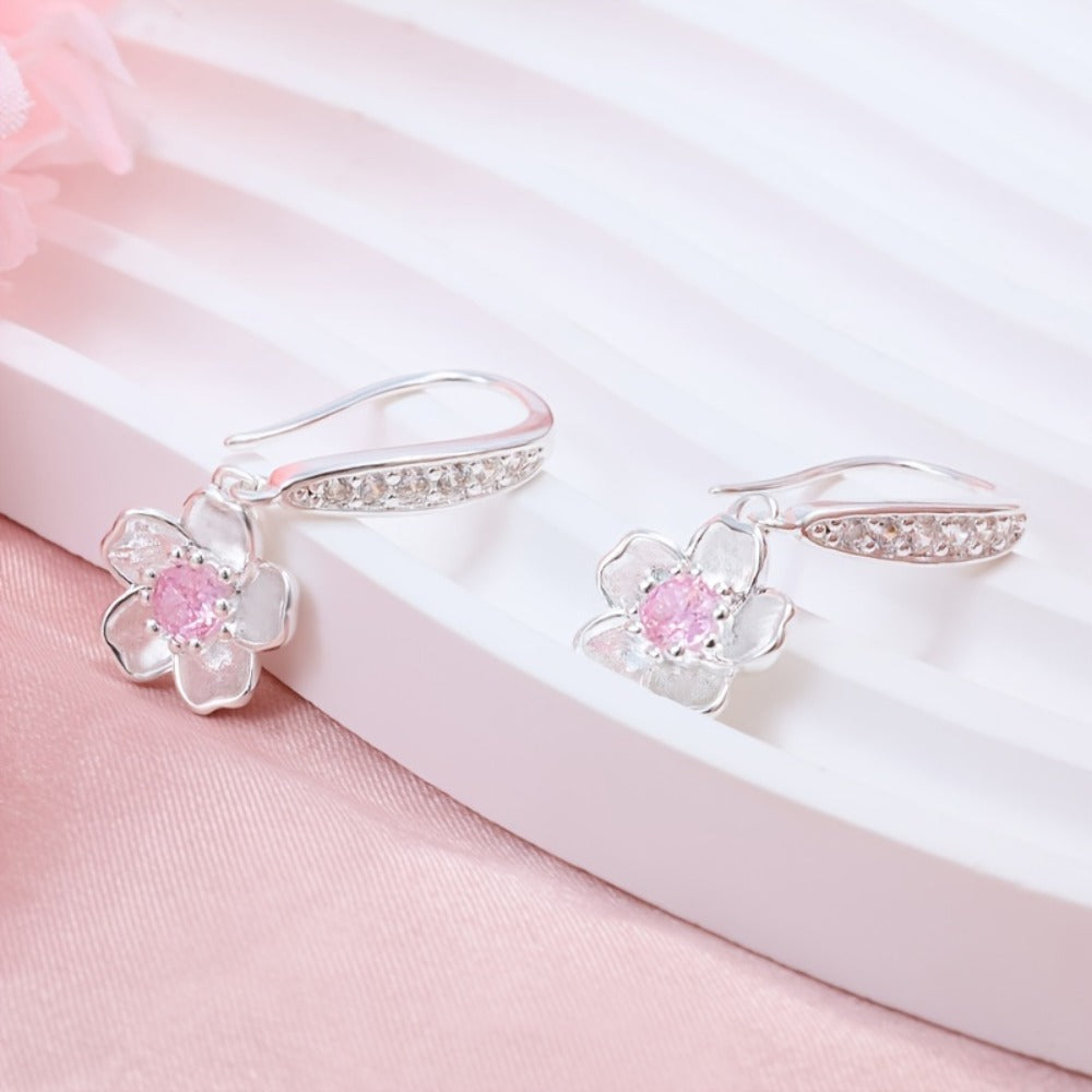 Dangle Earrings for Women - Cherry Blossom Flower for - 925 Sterling Silver Pink Zirconia Peach - product detail view 4