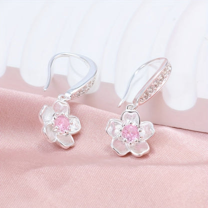 Dangle Earrings for Women - Cherry Blossom Flower for - 925 Sterling Silver Pink Zirconia Peach - product detail view 8