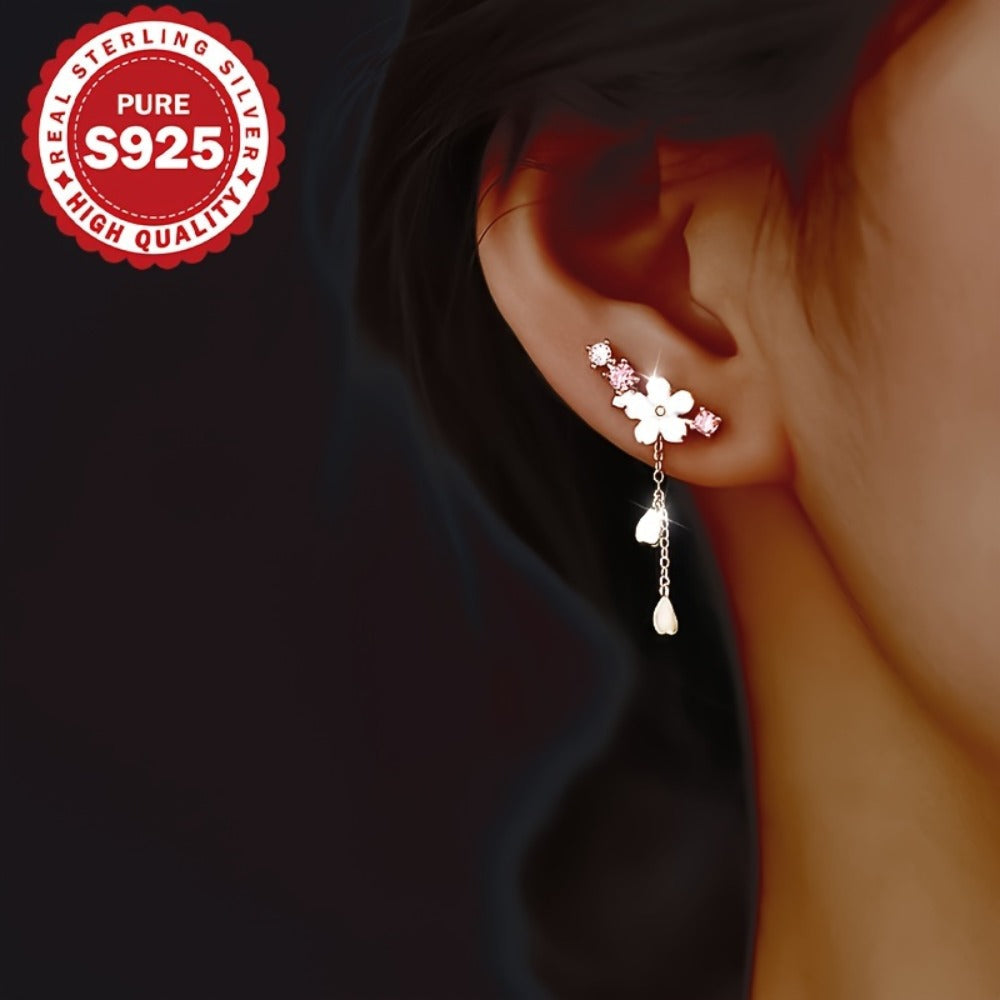 Dangle Earrings for Women - Cherry Blossom Tassel S925 Sterling Silver Japanese Style Flower Drop - product detail view 2