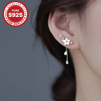 Dangle Earrings for Women - Cherry Blossom Tassel S925 Sterling Silver Japanese Style Flower Drop - product detail view 3