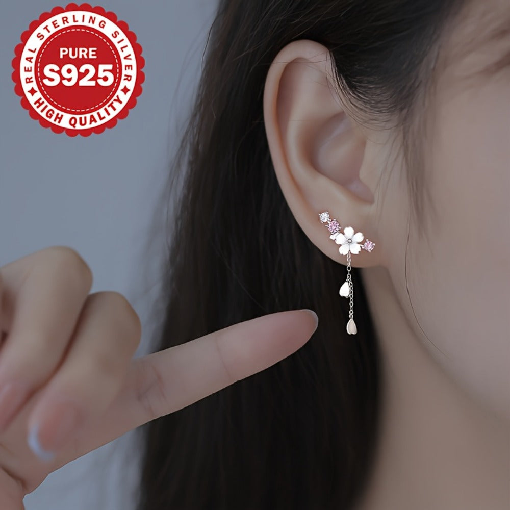 Dangle Earrings for Women - Cherry Blossom Tassel S925 Sterling Silver Japanese Style Flower Drop - product detail view 4