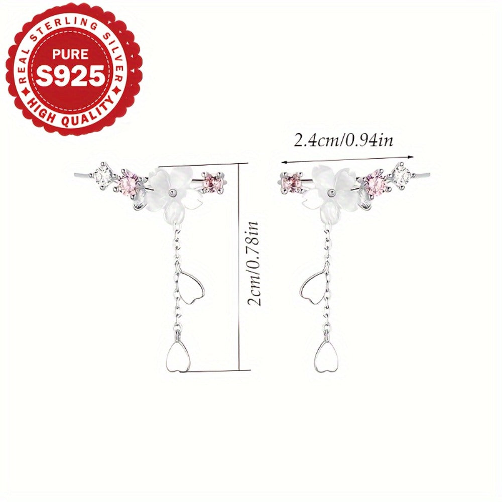 Dangle Earrings for Women - Cherry Blossom Tassel S925 Sterling Silver Japanese Style Flower Drop - product detail view 5