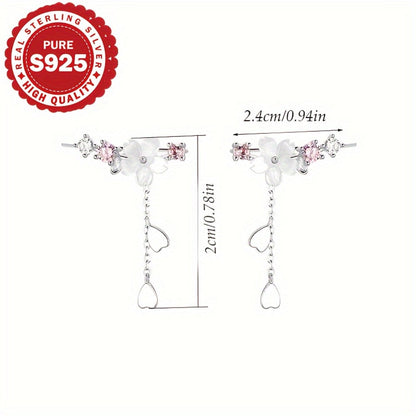 Dangle Earrings for Women - Cherry Blossom Tassel S925 Sterling Silver Japanese Style Flower Drop - product detail view 5