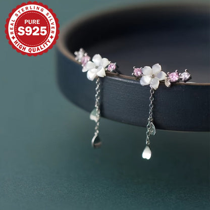 Dangle Earrings for Women - Cherry Blossom Tassel S925 Sterling Silver Japanese Style Flower Drop - product detail view 6