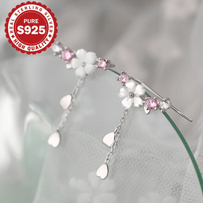 Dangle Earrings for Women - Cherry Blossom Tassel S925 Sterling Silver Japanese Style Flower Drop - product detail view 8