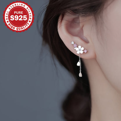 Dangle Earrings for Women - Cherry Blossom Tassel S925 Sterling Silver Japanese Style Flower Drop - product detail view 9