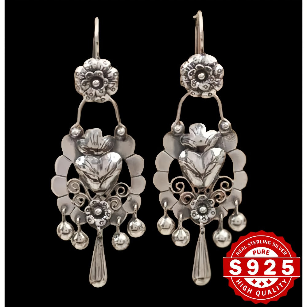 Dangle Earrings for Women - S925 Sterling Silver Bohemian Vintage Ethnic Retro Drop for Antique Silver - product detail view