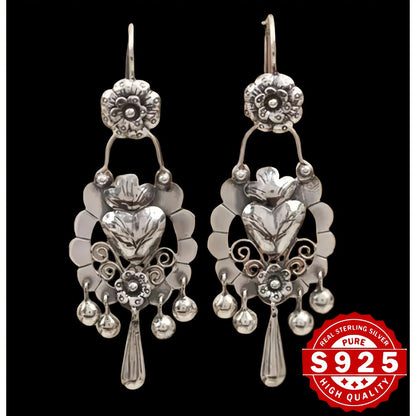 Dangle Earrings for Women - S925 Sterling Silver Bohemian Vintage Ethnic Retro Drop for Antique Silver - product detail view
