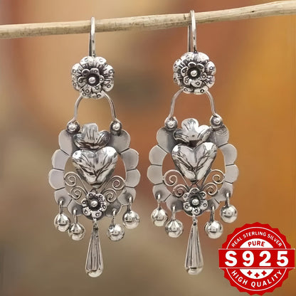 Dangle Earrings for Women - S925 Sterling Silver Bohemian Vintage Ethnic Retro Drop for Antique Silver - product detail view