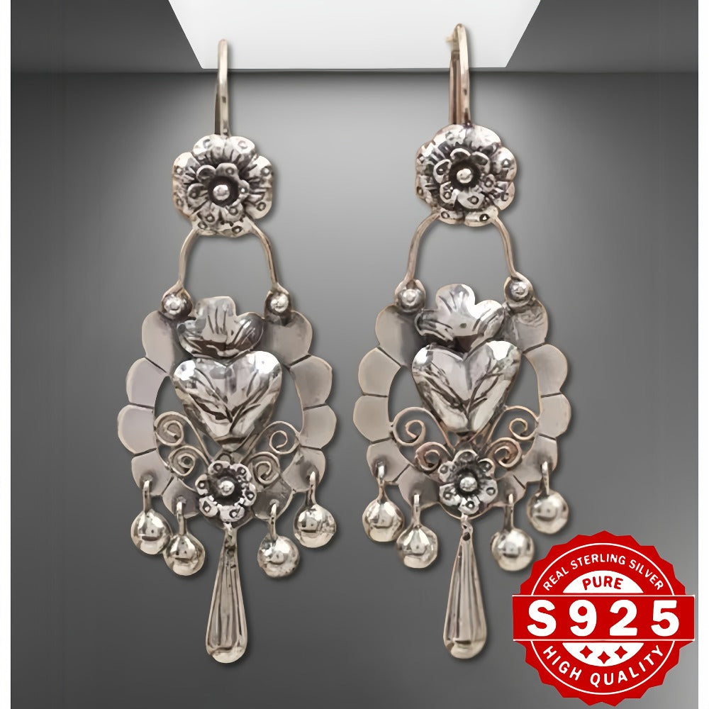 Dangle Earrings for Women - S925 Sterling Silver Bohemian Vintage Ethnic Retro Drop for Antique Silver - product detail view