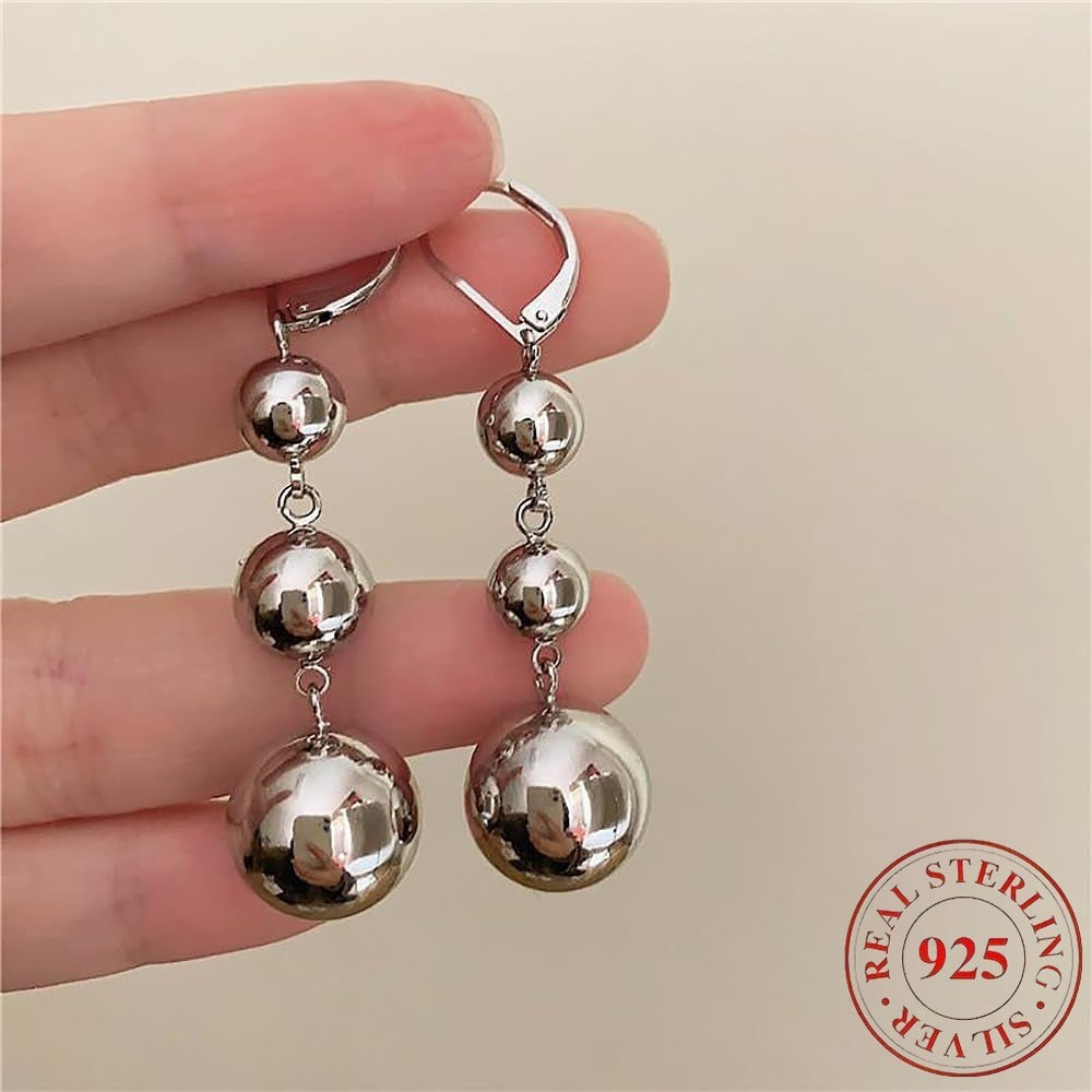Dangle Earrings for Women - S925 Sterling Silver Three Ball Drop for Retro French High-End Long , Gold - main product view