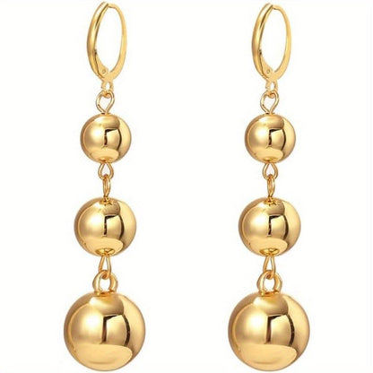 Dangle Earrings for Women - S925 Sterling Silver Three Ball Drop for Retro French High-End Long , Gold - product detail view