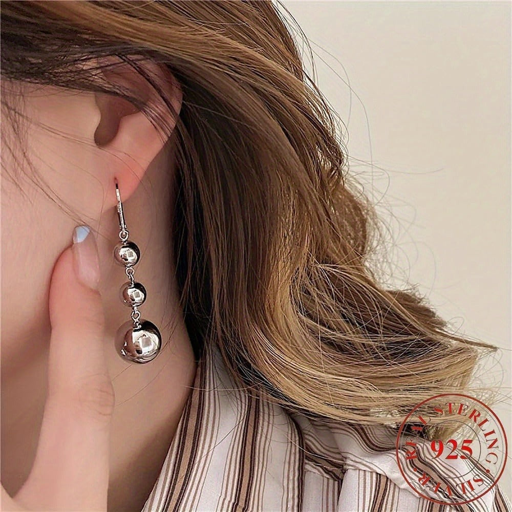 Dangle Earrings for Women - S925 Sterling Silver Three Ball Drop for Retro French High-End Long , Gold - product detail view