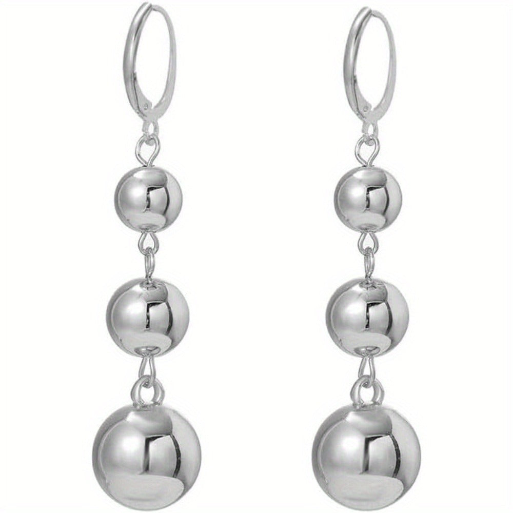 Dangle Earrings for Women - S925 Sterling Silver Three Ball Drop for Retro French High-End Long , Gold - product detail view