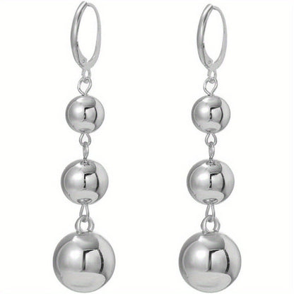 Dangle Earrings for Women - S925 Sterling Silver Three Ball Drop for Retro French High-End Long , Gold - product detail view