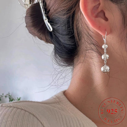 Dangle Earrings for Women - S925 Sterling Silver Three Ball Drop for Retro French High-End Long , Gold - product detail view
