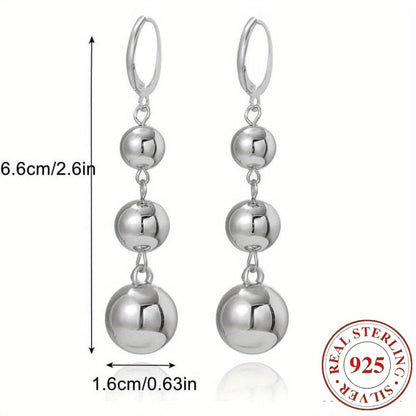 Dangle Earrings for Women - S925 Sterling Silver Three Ball Drop for Retro French High-End Long , Gold - product detail view