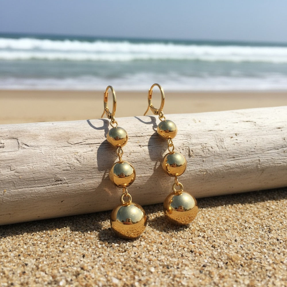 Dangle Earrings for Women - S925 Sterling Silver Three Ball Drop for Retro French High-End Long , Gold - product detail view