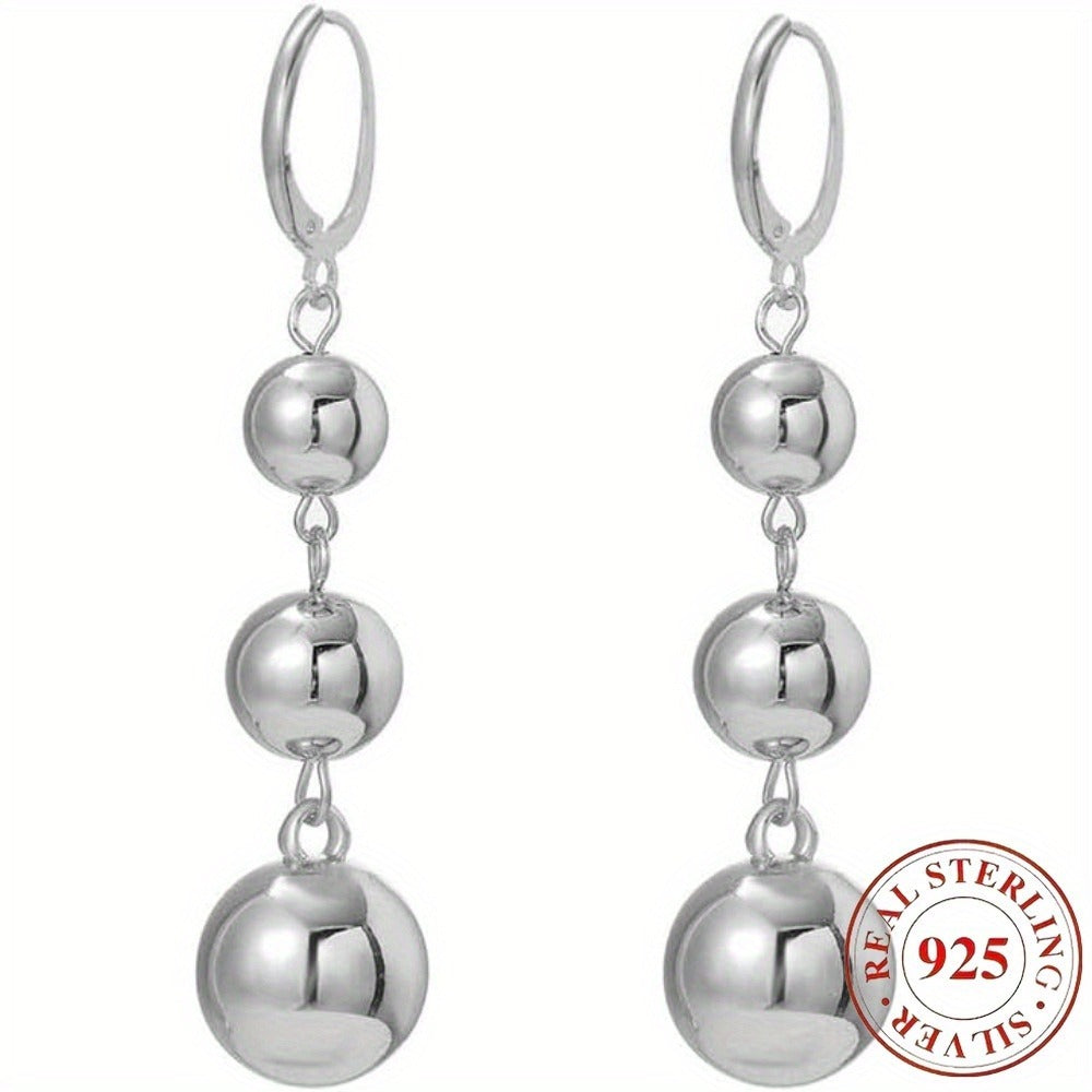 Dangle Earrings for Women - S925 Sterling Silver Three Ball Drop for Retro French High-End Long , Gold - product detail view