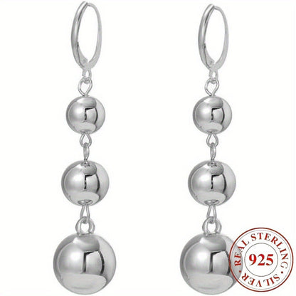 Dangle Earrings for Women - S925 Sterling Silver Three Ball Drop for Retro French High-End Long , Gold - product detail view