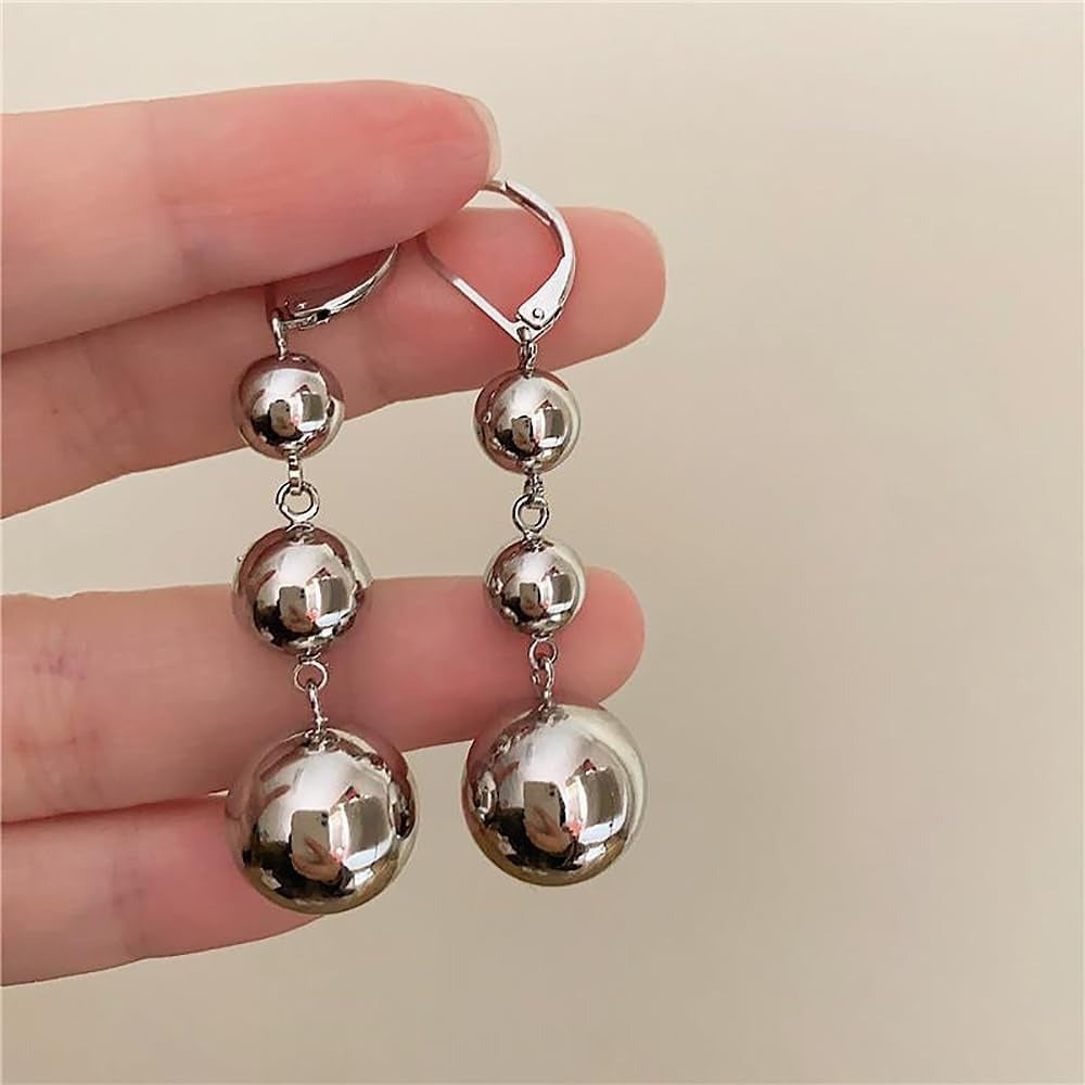 Dangle Earrings for Women - S925 Sterling Silver Three Ball Drop for Retro French High-End Long , Gold - product detail view