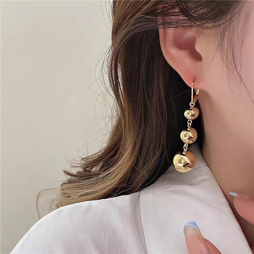 Dangle Earrings for Women - S925 Sterling Silver Three Ball Drop for Retro French High-End Long , Gold - product detail view