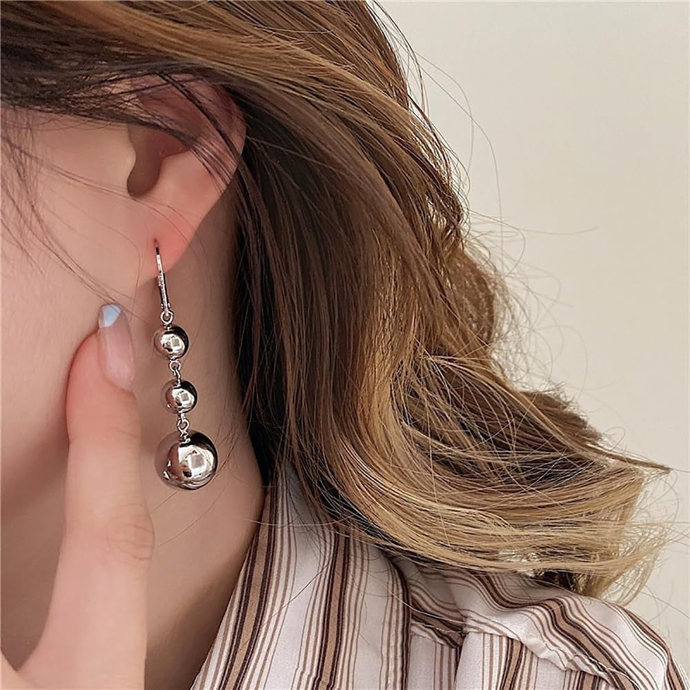 Dangle Earrings for Women - S925 Sterling Silver Three Ball Drop for Retro French High-End Long , Gold - product detail view