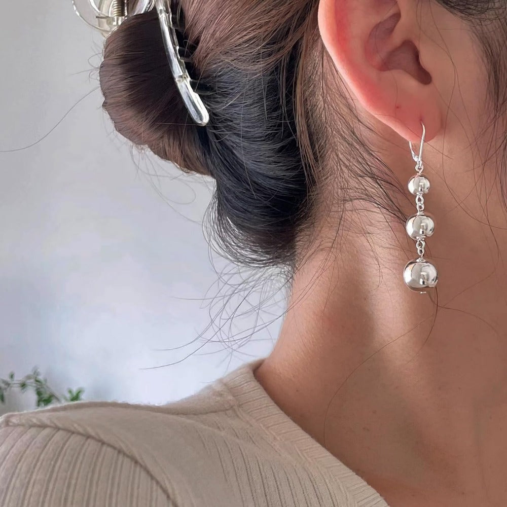 Dangle Earrings for Women - S925 Sterling Silver Three Ball Drop for Retro French High-End Long , Gold - product detail view