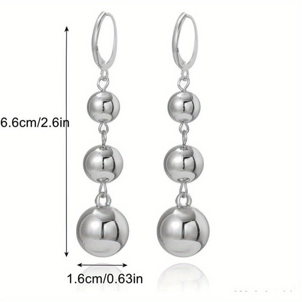 Dangle Earrings for Women - S925 Sterling Silver Three Ball Drop for Retro French High-End Long , Gold - product detail view