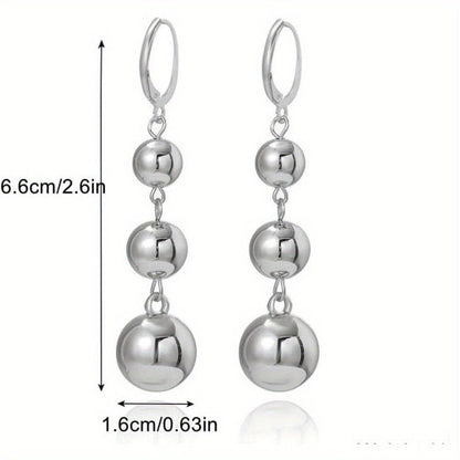 Dangle Earrings for Women - S925 Sterling Silver Three Ball Drop for Retro French High-End Long , Gold - product detail view