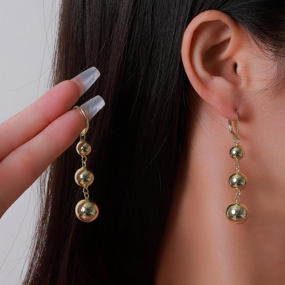 Dangle Earrings for Women - S925 Sterling Silver Three Ball Drop for Retro French High-End Long , Gold - product detail view