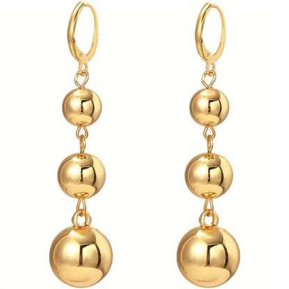 Dangle Earrings for Women - S925 Sterling Silver Three Ball Drop for Retro French High-End Long , Gold - product detail view