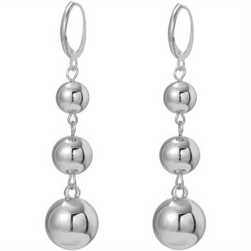 Dangle Earrings for Women - S925 Sterling Silver Three Ball Drop for Retro French High-End Long , Gold - product detail view