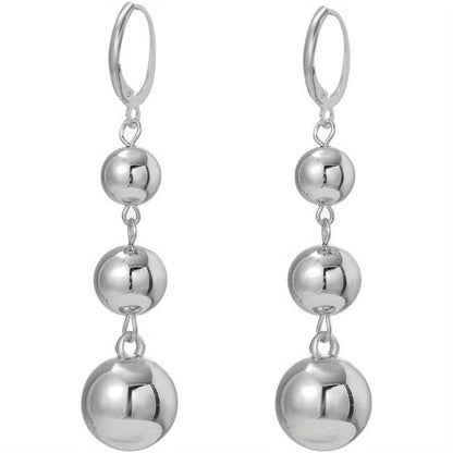 Dangle Earrings for Women - S925 Sterling Silver Three Ball Drop for Retro French High-End Long , Gold - product detail view