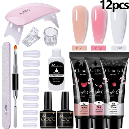 Polygel Nail Kit with LED Lamp 12Pcs Complete Poly Gel Nail Extension Builder Set with Stretch Gel Bicolor Base Coat Finger Sleeves DIY Salon Nails for Women Beginners at Home