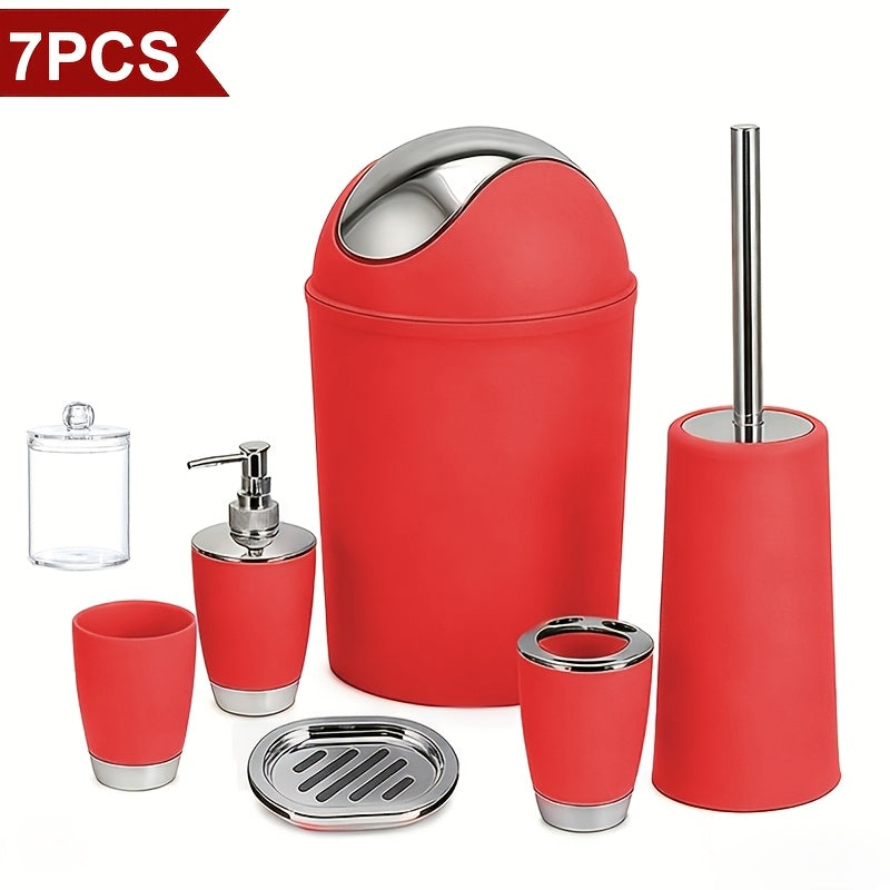 Seven-Piece Bathroom Accessory Set with Waste Bin, Toilet Brush, Dispenser and Containers in Seven Colors